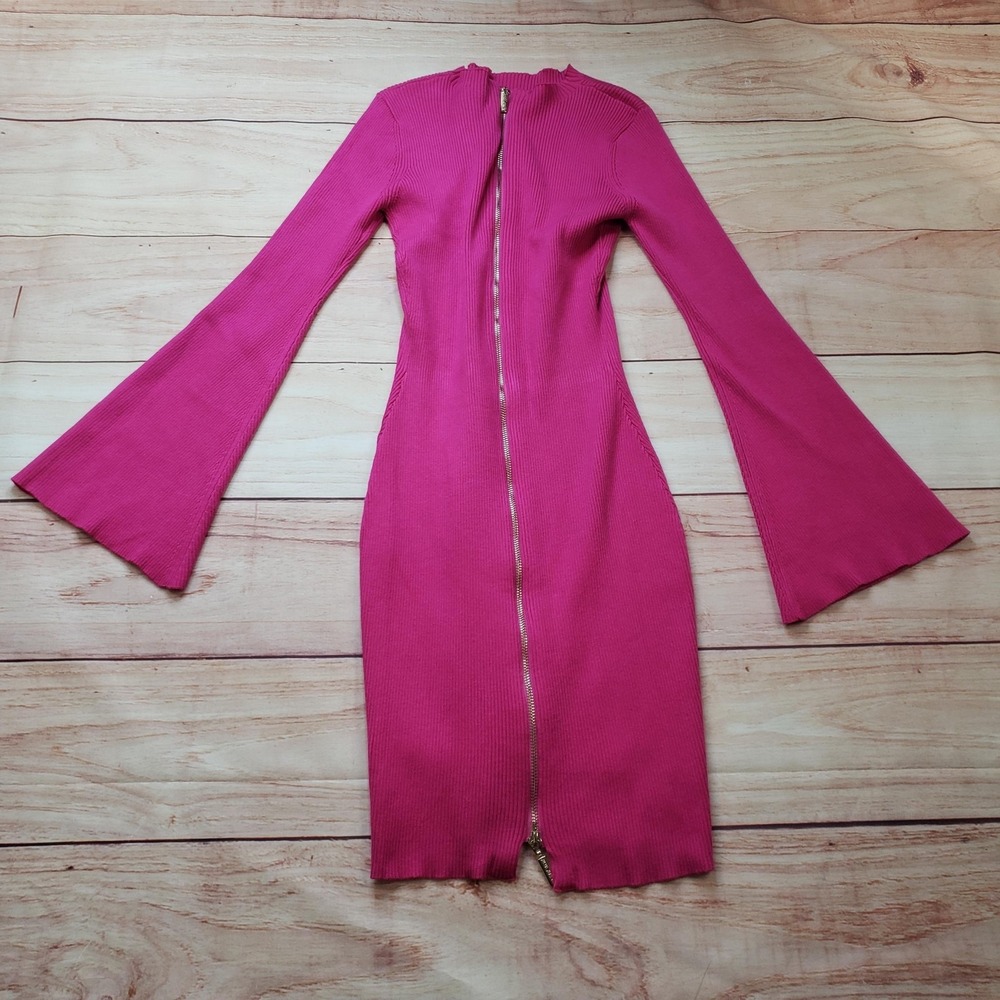 Alexia‎ Admor Dress Womens S Pink Bodycon Midi High Neck Bell Sleeve Ribbed Y2K